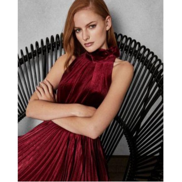 💕TED BAKER💕 Cornela Pleated Velvet Midi Dress ~ Oxblood TB4 US 10 NWT - Picture 6 of 17